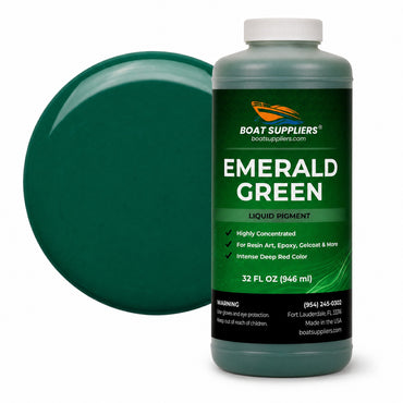 Emerald Green liquid pigment quart bottle beside a glossy emerald green color swatch