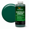 Emerald Green liquid pigment quart bottle beside a glossy emerald green color swatch
