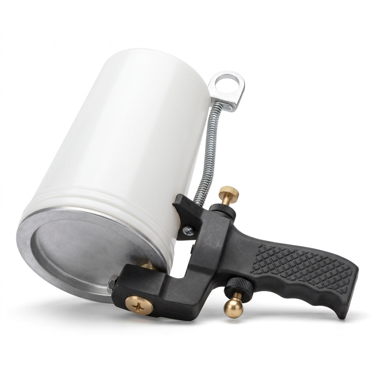 Gelcoat dump cup spray gun with white 1 quart cup, aluminum lid, spring loaded lid lever and black pistol grip