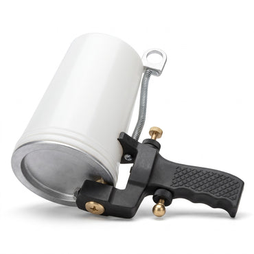 Gelcoat dump cup spray gun with white 1 quart cup, aluminum lid, spring loaded lid lever and black pistol grip