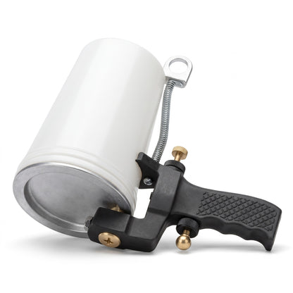 Gelcoat dump cup spray gun with white 1 quart cup, aluminum lid, spring loaded lid lever and black pistol grip