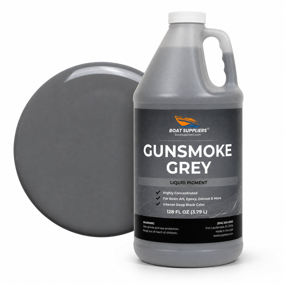 Gunsmoke Grey liquid pigment 1 gallon jug beside a glossy neutral grey color swatch
