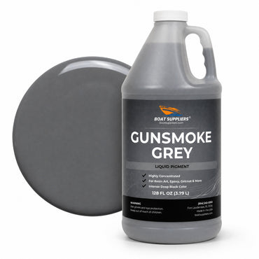 Gunsmoke Grey liquid pigment 1 gallon jug beside a glossy neutral grey color swatch