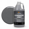 Gunsmoke Grey liquid pigment 1 gallon jug beside a glossy neutral grey color swatch