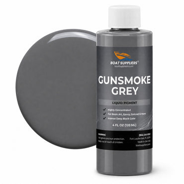 Gunsmoke Grey liquid pigment 4 oz bottle beside a glossy neutral grey color swatch