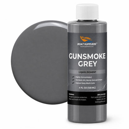 Gunsmoke Grey liquid pigment 4 oz bottle beside a glossy neutral grey color swatch