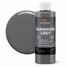 Gunsmoke Grey liquid pigment 4 oz bottle beside a glossy neutral grey color swatch