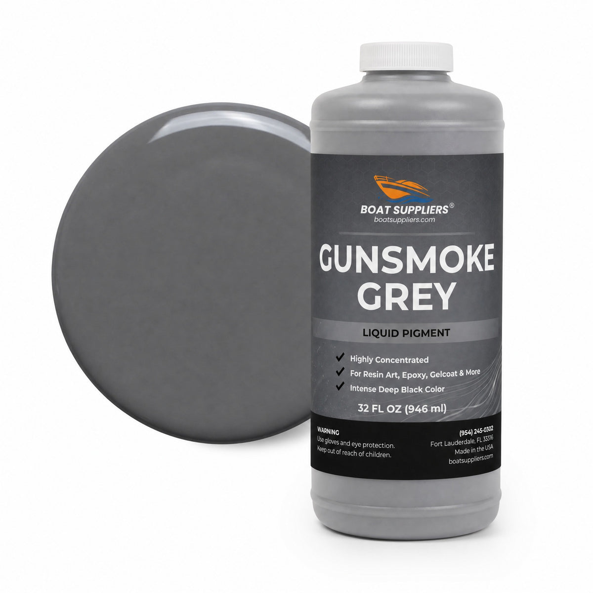 Gunsmoke Grey liquid pigment quart bottle beside a glossy neutral grey color swatch