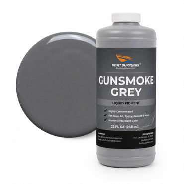 Gunsmoke Grey liquid pigment quart bottle beside a glossy neutral grey color swatch