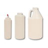 HDPE plastic bottles with 38mm tops: a red tip spout bottle, a round flat cap bottle and a handled jug, natural white, side by side