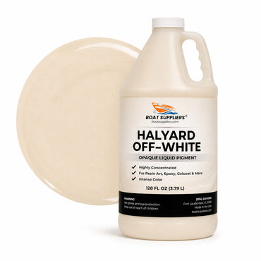 Halyard Off-White liquid pigment 1 gallon jug beside a glossy creamy off-white color swatch