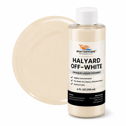 Halyard Off-White liquid pigment 4 oz bottle beside a glossy creamy off-white color swatch