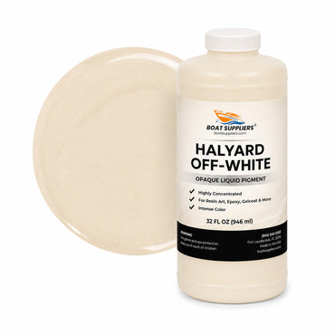 Halyard Off-White liquid pigment quart bottle beside a glossy creamy off-white color swatch
