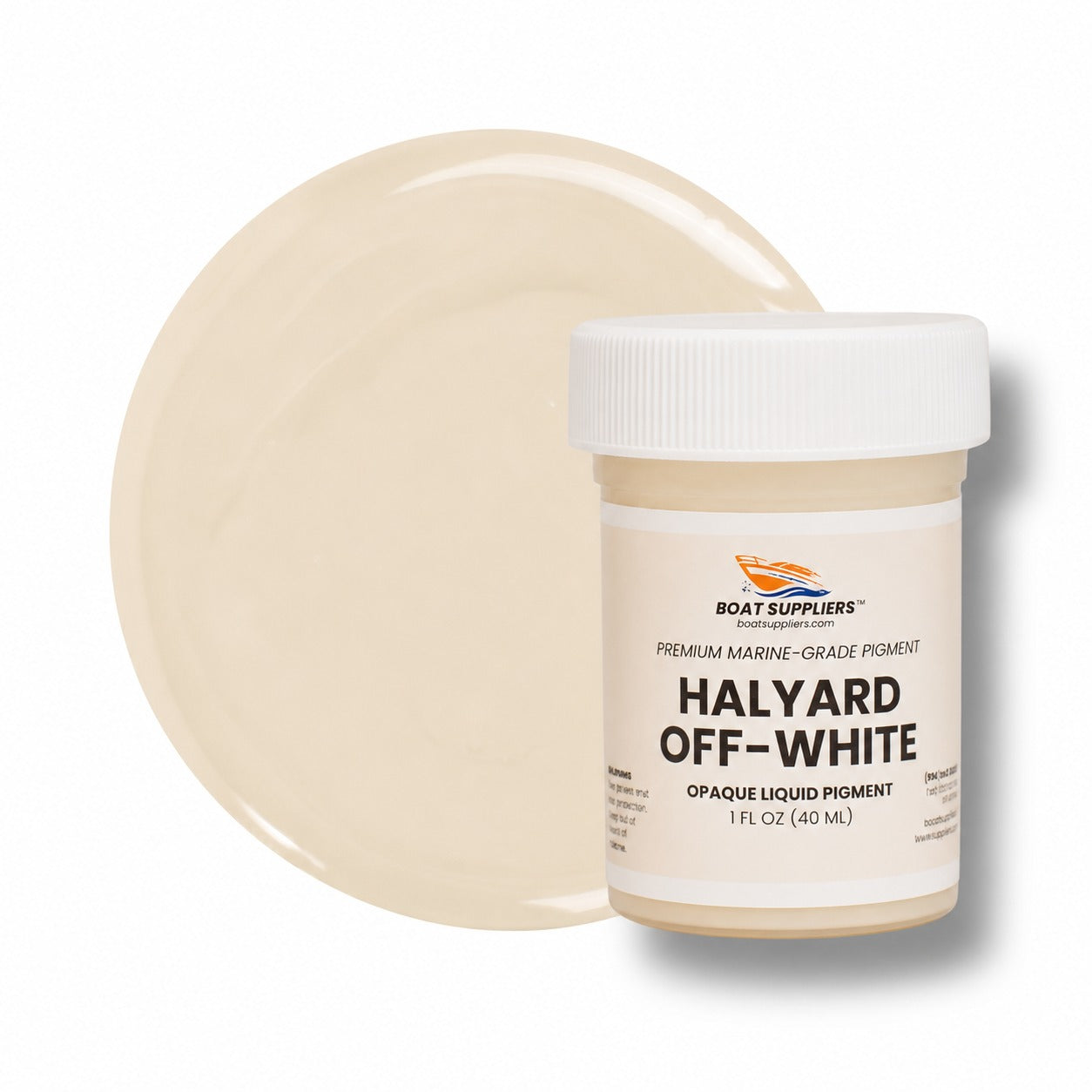 Halyard Off-White liquid pigment 1 oz jar beside an off-white cured color swatch