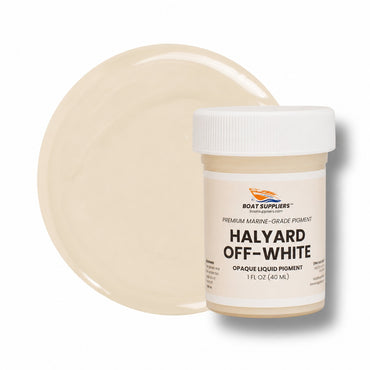Halyard Off-White liquid pigment 1 oz jar beside an off-white cured color swatch