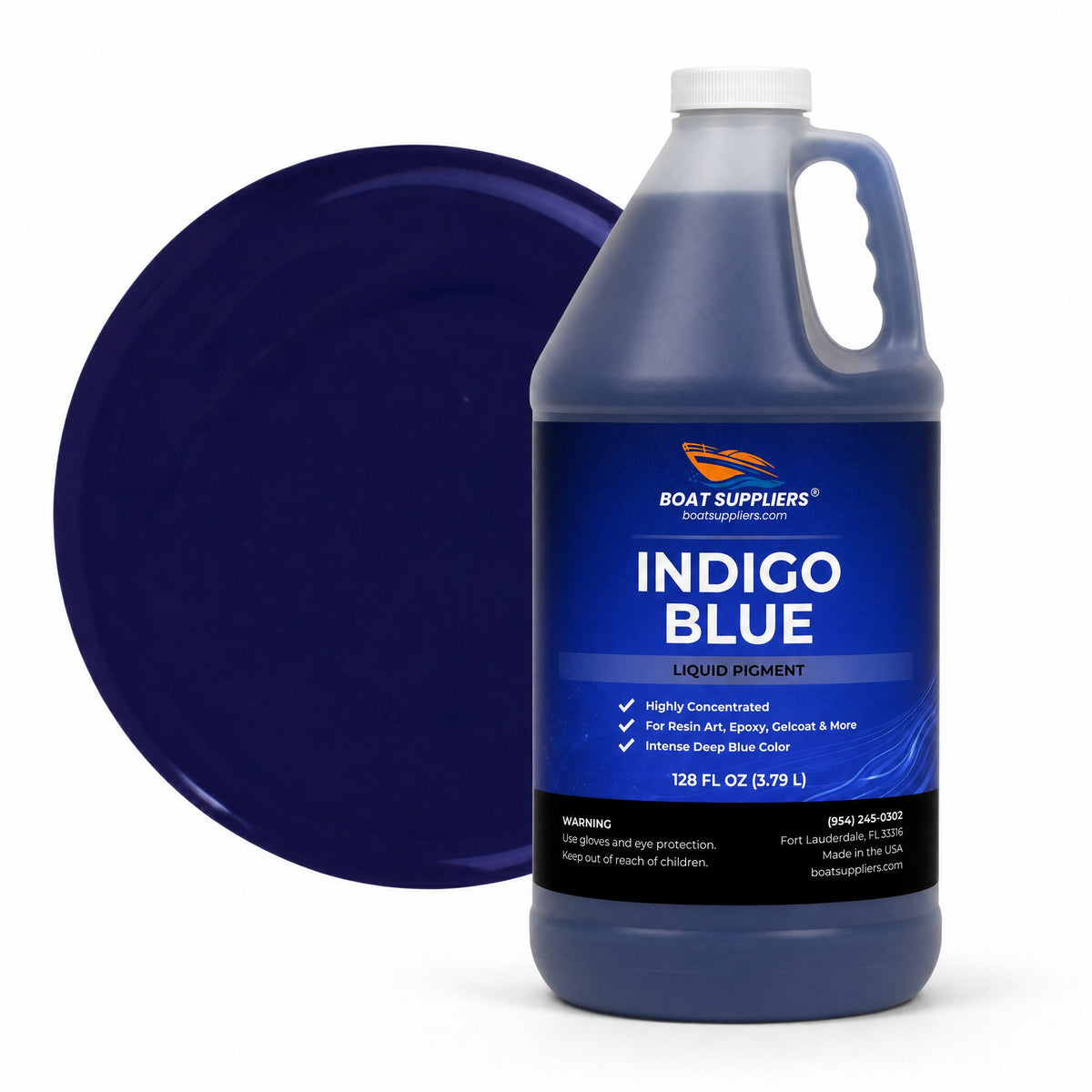 Indigo Blue liquid pigment 1 gallon jug beside a glossy indigo blue color swatch