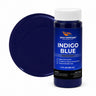 Indigo Blue liquid pigment 4 oz bottle beside a glossy indigo blue color swatch