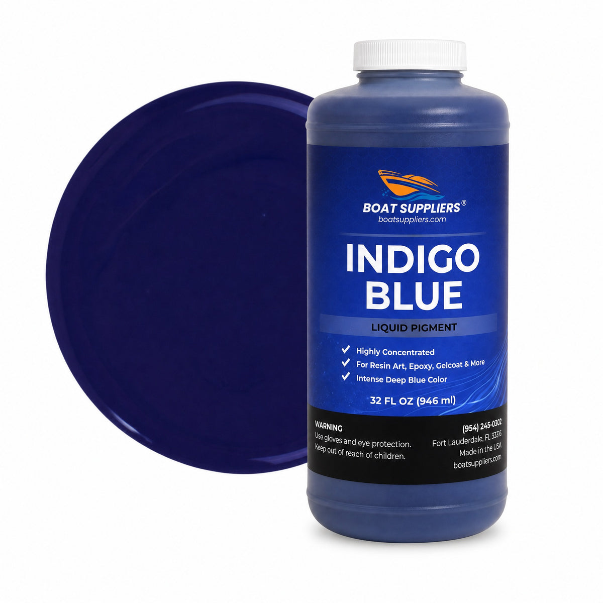 Indigo Blue liquid pigment quart bottle beside a glossy indigo blue color swatch