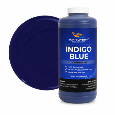 Indigo Blue liquid pigment quart bottle beside a glossy indigo blue color swatch