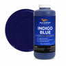 Indigo Blue liquid pigment quart bottle beside a glossy indigo blue color swatch