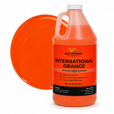 International Orange liquid pigment 1 gallon jug beside a glossy vivid orange color swatch