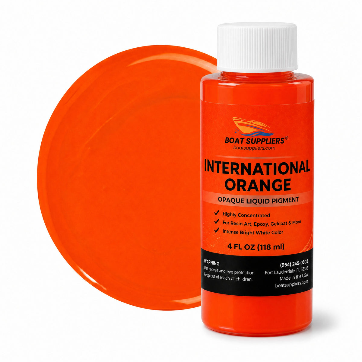 International Orange liquid pigment 4 oz bottle beside a glossy vivid orange color swatch