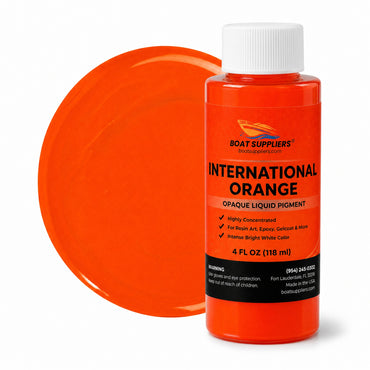 International Orange liquid pigment 4 oz bottle beside a glossy vivid orange color swatch