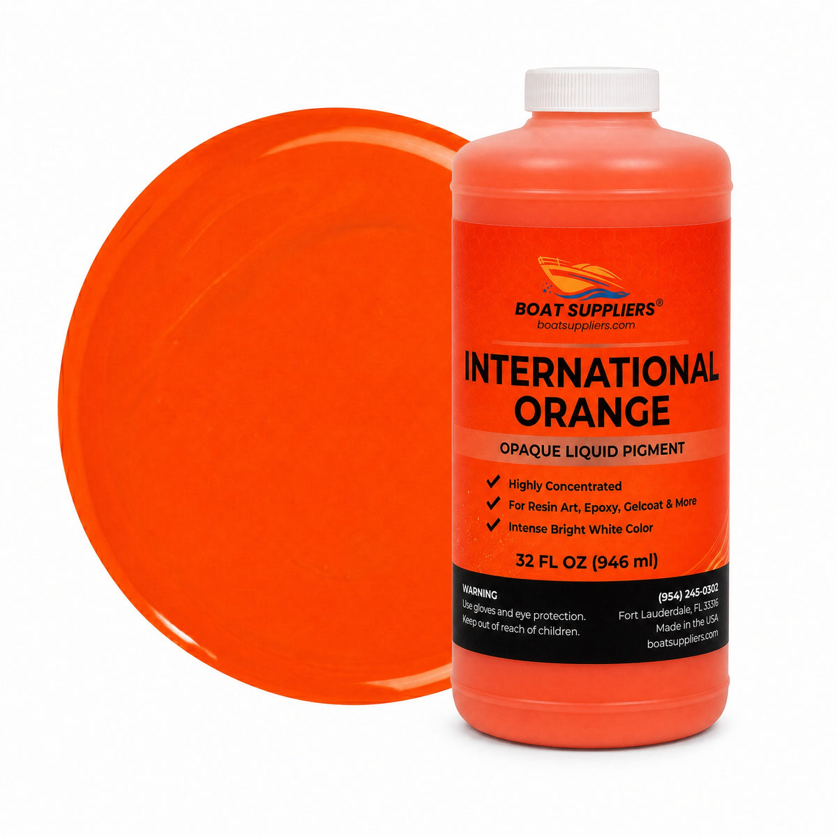 International Orange liquid pigment quart bottle beside a glossy vivid orange color swatch