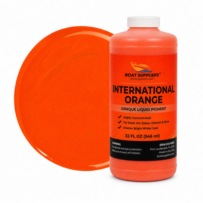 International Orange liquid pigment quart bottle beside a glossy vivid orange color swatch