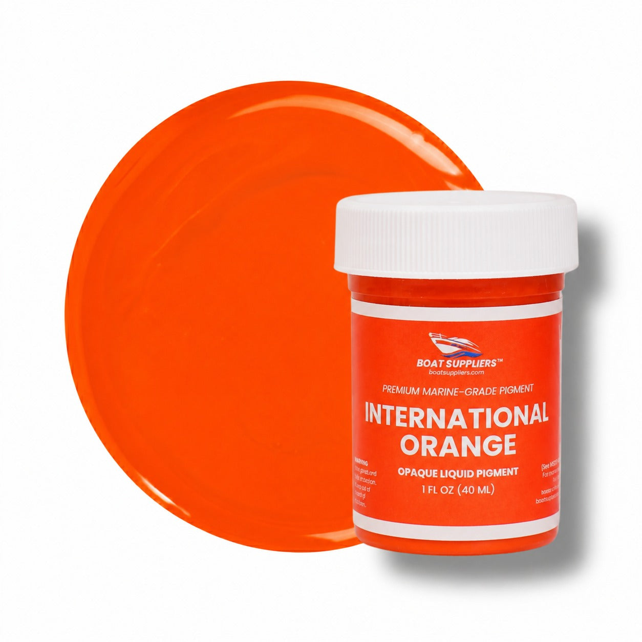 International Orange liquid pigment 1 oz jar beside a vivid orange cured color swatch