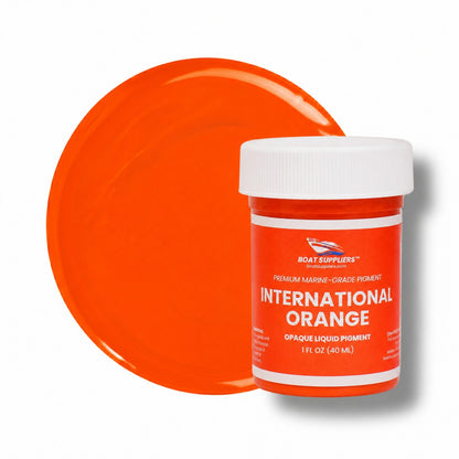 International Orange liquid pigment 1 oz jar beside a vivid orange cured color swatch