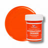 International Orange liquid pigment 1 oz jar beside a vivid orange cured color swatch