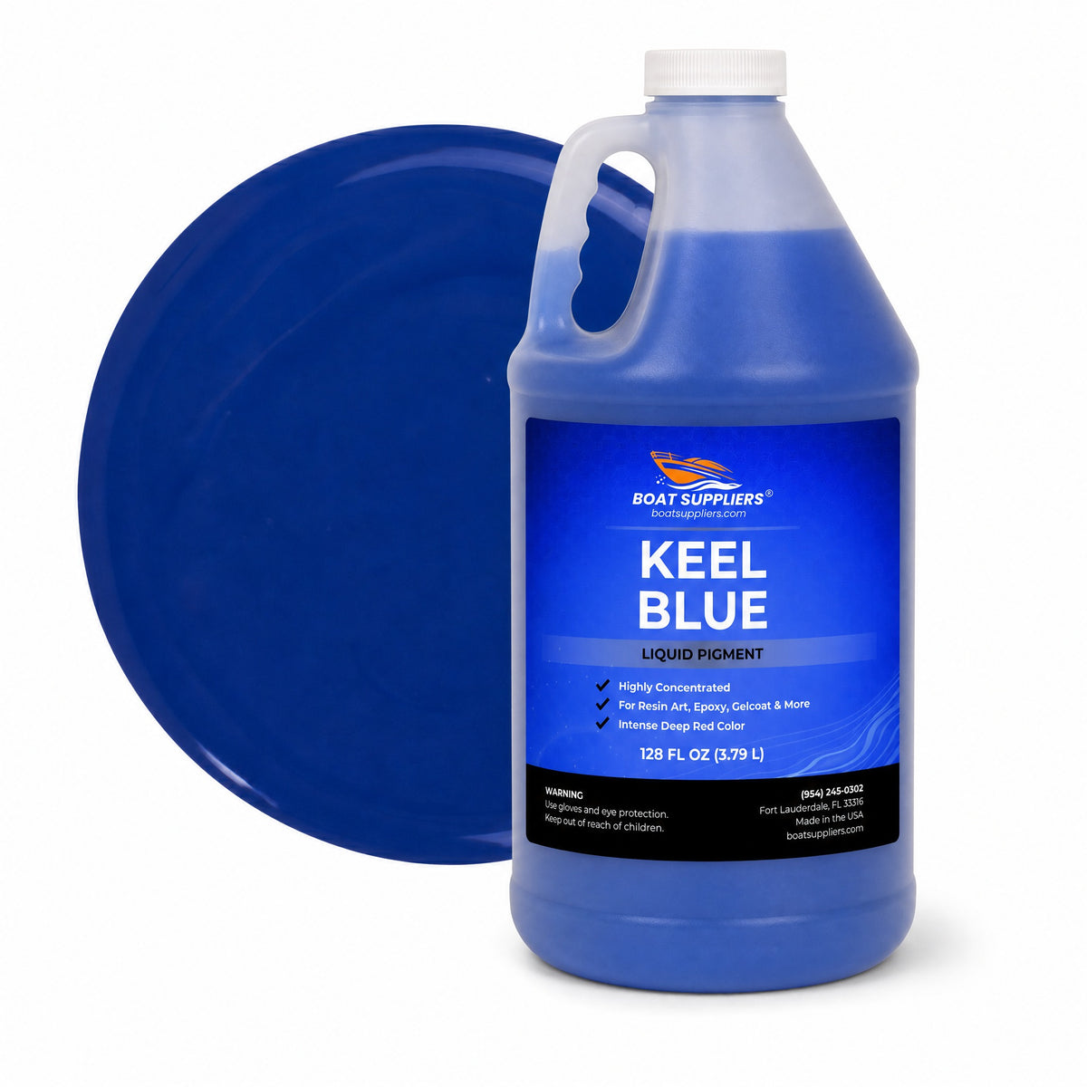Keel Blue liquid pigment 1 gallon jug beside a glossy royal blue color swatch