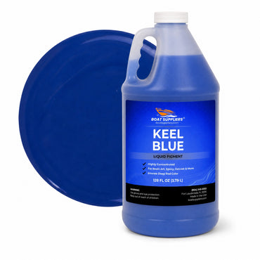 Keel Blue liquid pigment 1 gallon jug beside a glossy royal blue color swatch