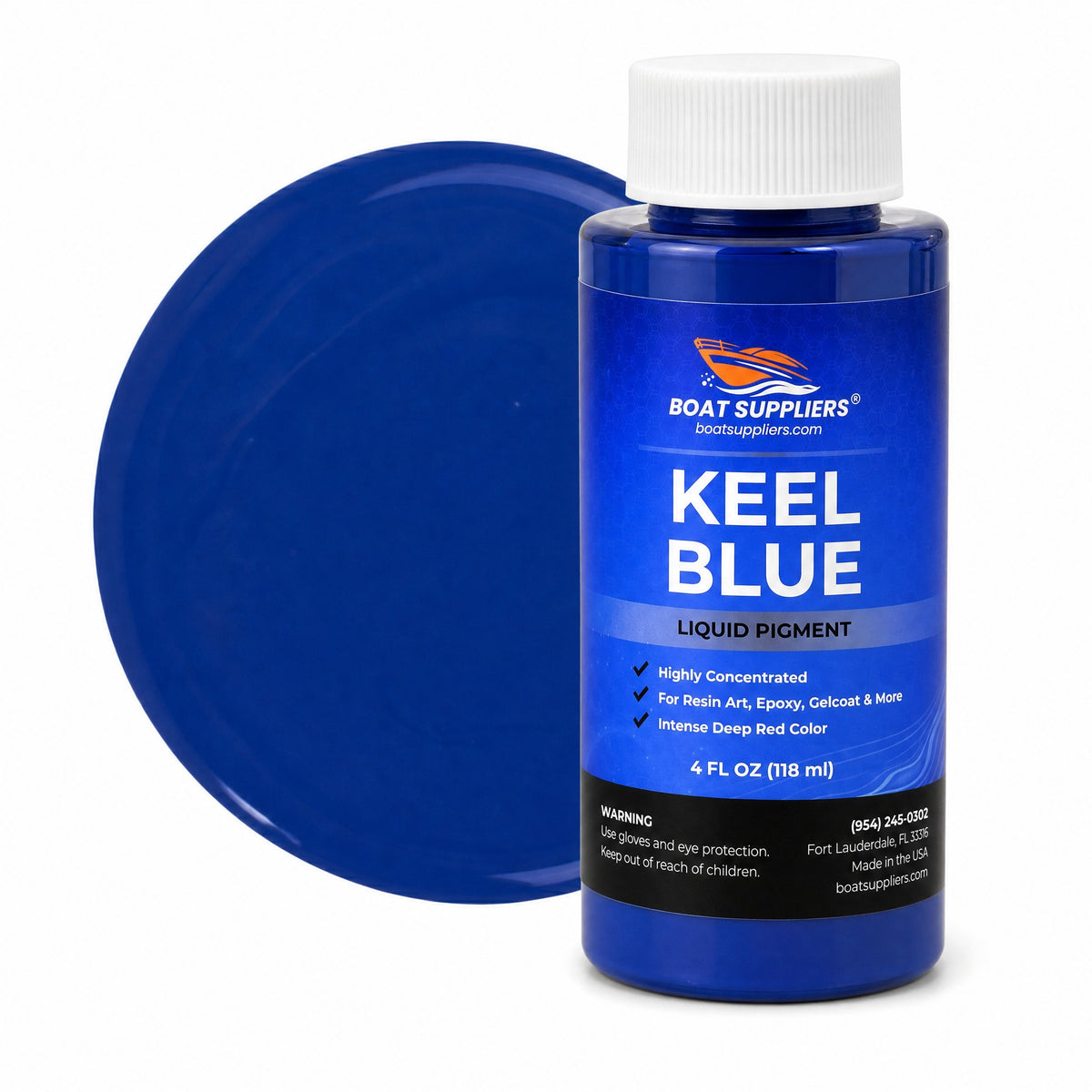 Keel Blue liquid pigment 4 oz bottle beside a glossy royal blue color swatch