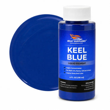 Keel Blue liquid pigment 4 oz bottle beside a glossy royal blue color swatch