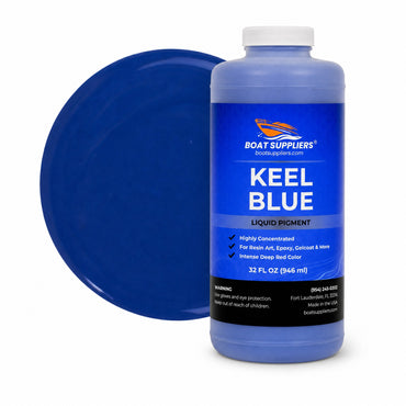 Keel Blue liquid pigment quart bottle beside a glossy royal blue color swatch