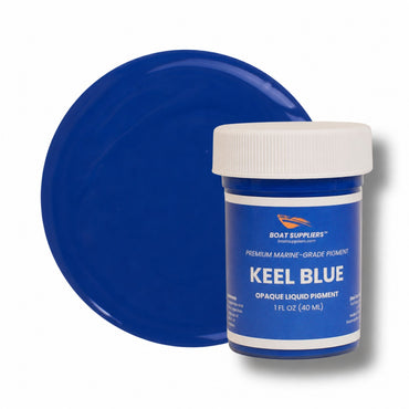Keel Blue liquid pigment 1 oz jar beside a royal blue cured color swatch