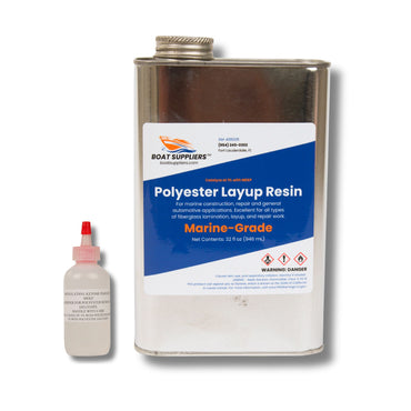 Marine-grade polyester layup resin in a 32 fl oz metal can with a small MEKP hardener bottle, blue Boat Suppliers label.