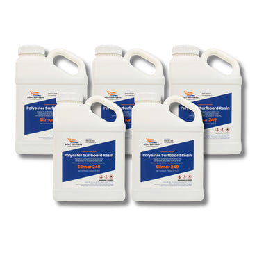Five 1 gallon white jugs of Silmar 249 clear polyester surfboard resin grouped together, each with a blue Boat Suppliers label.