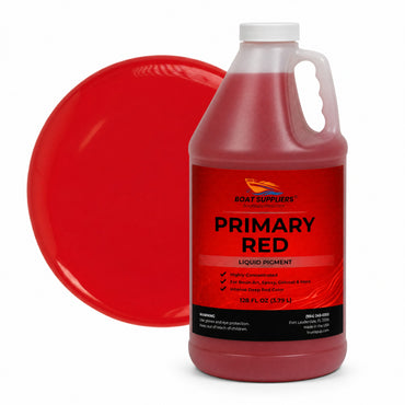 Primary Red liquid pigment 1 gallon jug beside a glossy primary red color swatch