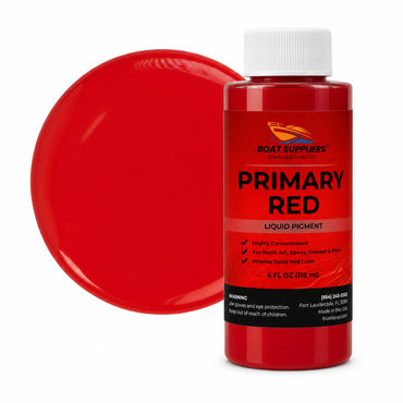 Primary Red liquid pigment 4 oz bottle beside a glossy primary red color swatch