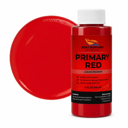 Primary Red liquid pigment 4 oz bottle beside a glossy primary red color swatch