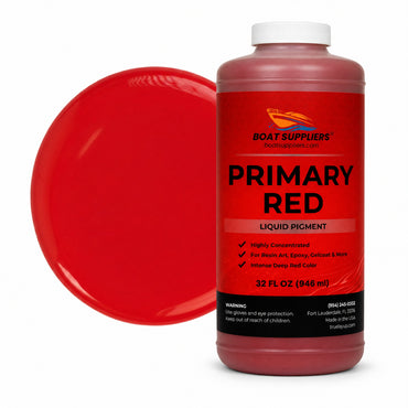 Primary Red liquid pigment quart bottle beside a glossy primary red color swatch