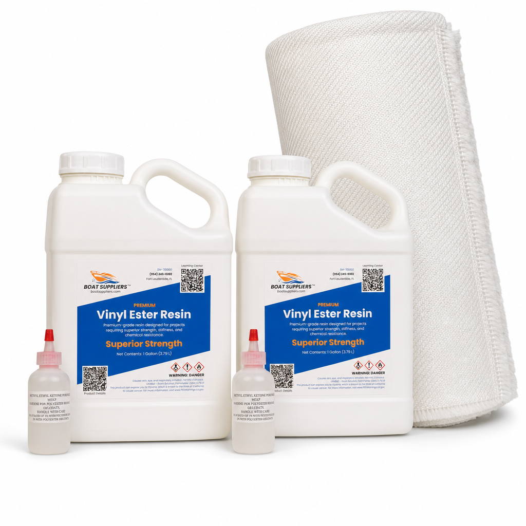 Vinyl Ester Transom and Stringer Kit: 2 gallons VE resin with MEKP and 5 yards 1708 biaxial fiberglass