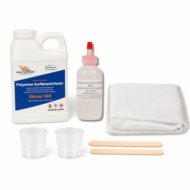Surfboard ding repair kit: pint jug of Boat Suppliers Polyester Surfboard Resin (Silmar 249) with MEKP hardener, 4 oz cloth, mixing cups and stir sticks
