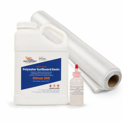 Surfboard glassing kit shortboard: gallon Silmar 249 resin with MEKP and 10 yards 4 oz cloth 30 inch