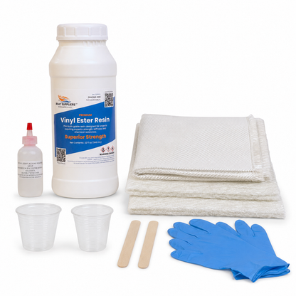 Vinyl ester patch repair kit: quart VE resin with MEKP, pre-cut 1708 and mat pieces, cups, sticks, gloves