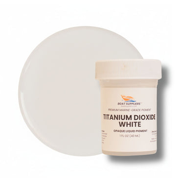 Titanium Dioxide White liquid pigment 1 oz jar beside an off-white cured color swatch, opaque marine-grade colorant for resin and gelcoat.