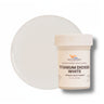 Titanium Dioxide White liquid pigment 1 oz jar beside an off-white cured color swatch, opaque marine-grade colorant for resin and gelcoat.